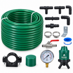 Biogas pipes and fittings kit with flexible gas hose, connectors, elbows, clamps, valve, and pressure gauge.