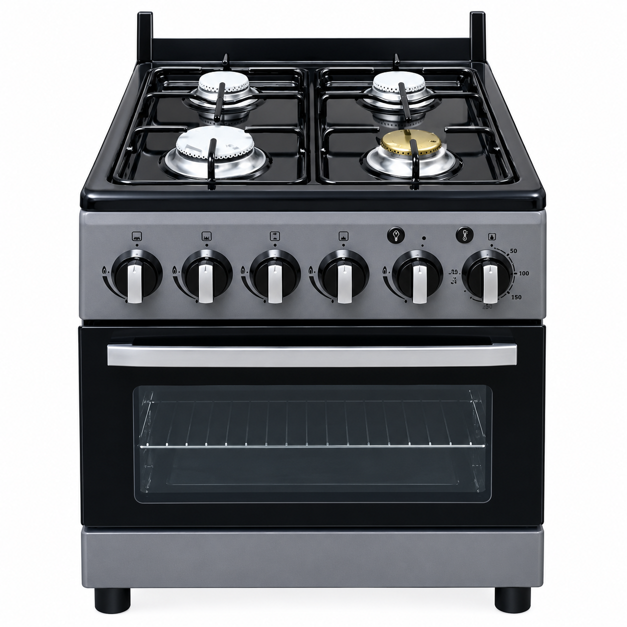 Four-burner biogas cooker with integrated oven for renewable-energy cooking.