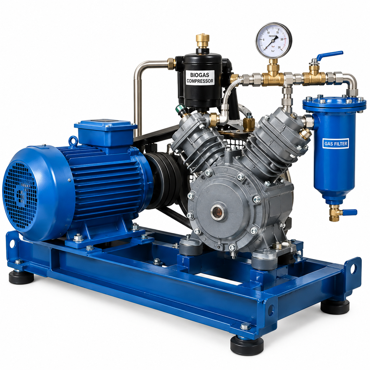 Biogas compressor for increasing gas pressure in renewable energy systems